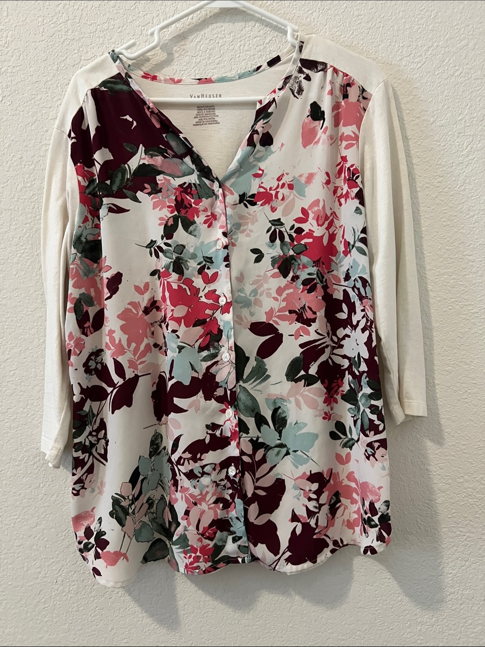 Van Heusen Floral Button-Down Top in White, Pink & Burgundy